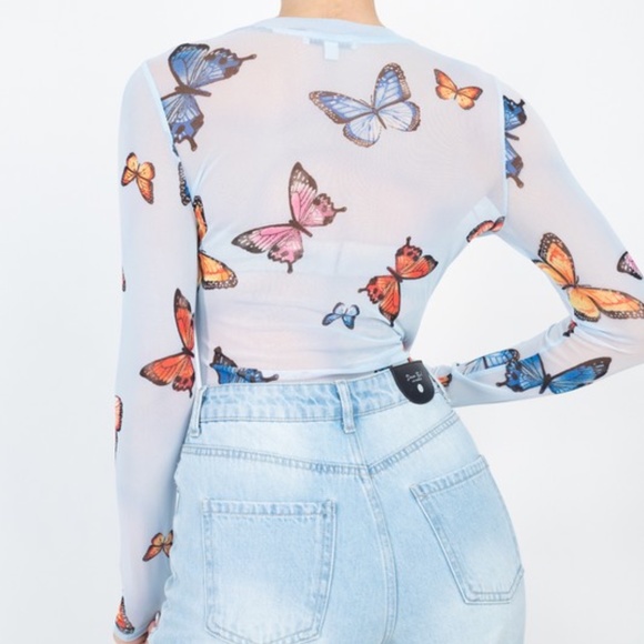 🦋 Light Blue Butterfly Sheer Mesh Long Sleeve Top - Picture 4 of 6